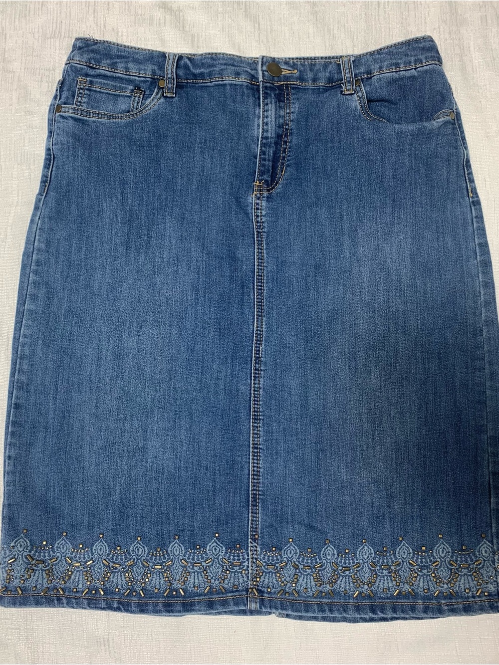 Christopher & Banks Blue Denim Pencil Skirt with Embroidered Hem